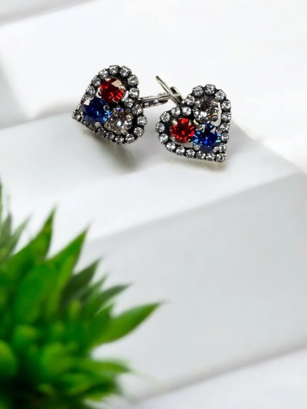 Freedom's Heart - Patriotic 3-Crystal Rhinestone Lever-Back Earrings